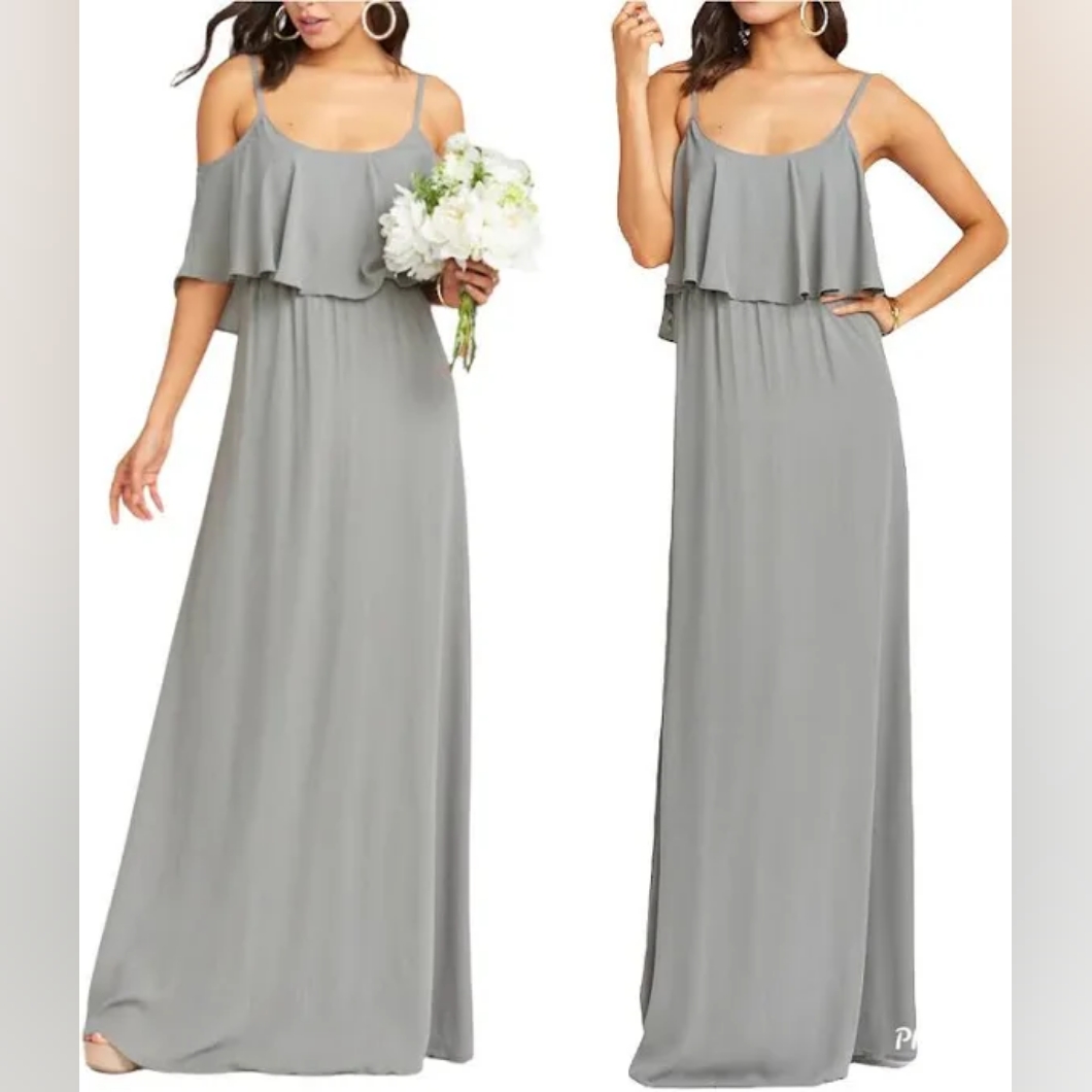 Show Me Your Mumu Caitlin Ruffle Gray Empire Waist Ruched Formal Maxi Dress_s